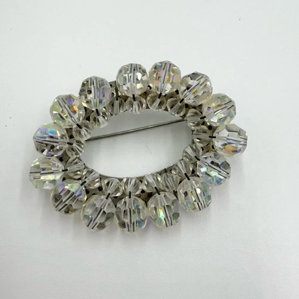 Vintage AURORA BOREALIS Crystal Beaded Cluster Oval Silver Tone Brooch Pin